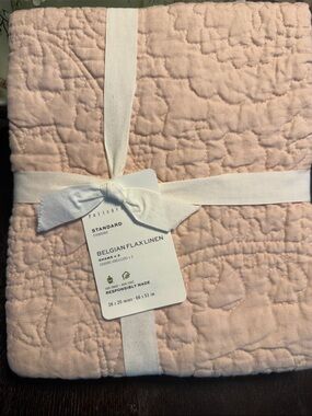 Pottery Barn Belgian Flax Linen Quilted Standard Shams Set/2 Pale Pink
